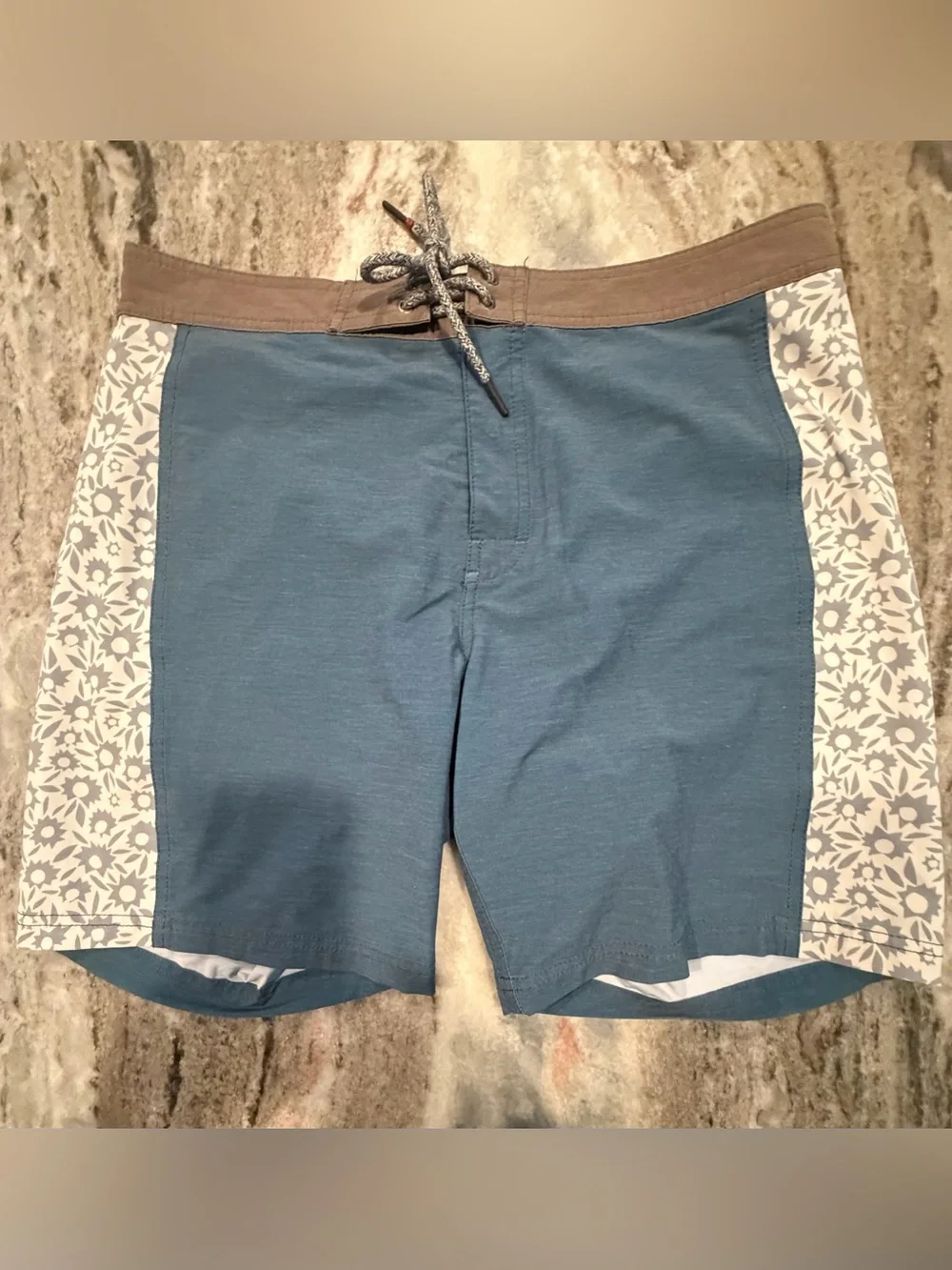 Katin Board Shorts. Blue with Brown Trim. Floral Side Panel Design. Size 31. EUC